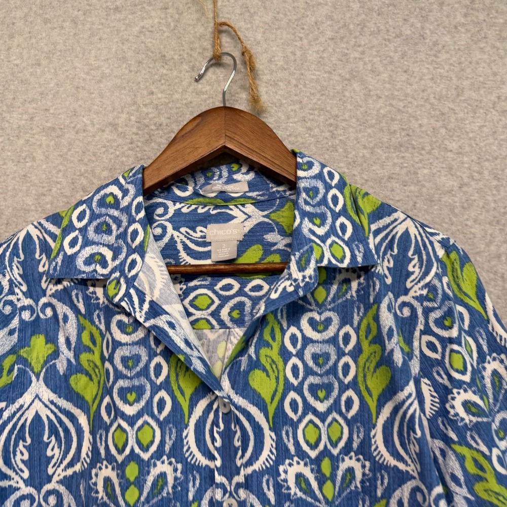 Chicos Button Down Shirt Womens 2‎ L Ikat No-Iron Stretch Cotton Career Office - Picture 7 of 12